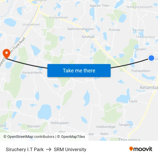 Siruchery I.T Park to SRM University map