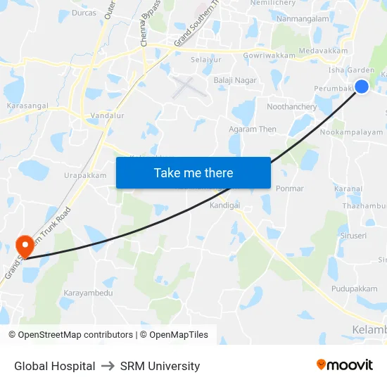 Global Hospital to SRM University map