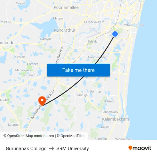 Gurunanak College to SRM University map