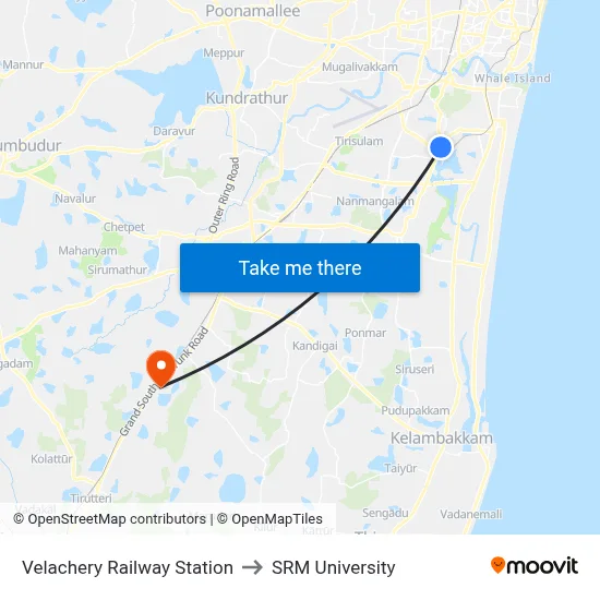 Velachery Railway Station to SRM University map