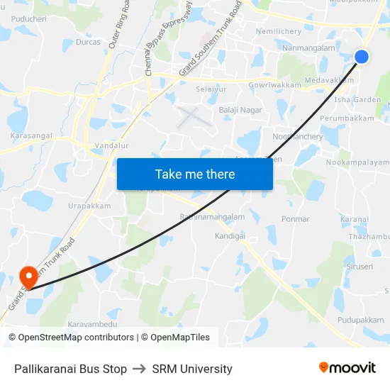 Pallikaranai Bus Stop to SRM University map