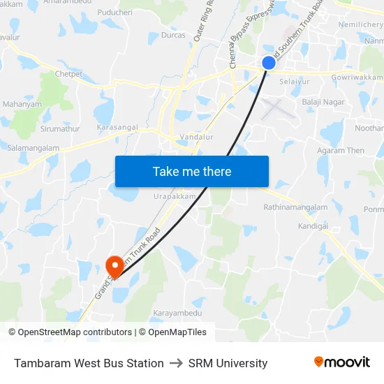 Tambaram West Bus Station to SRM University map