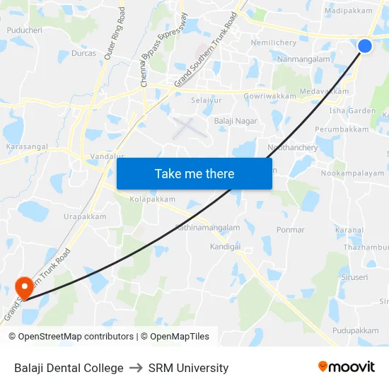Balaji Dental College to SRM University map
