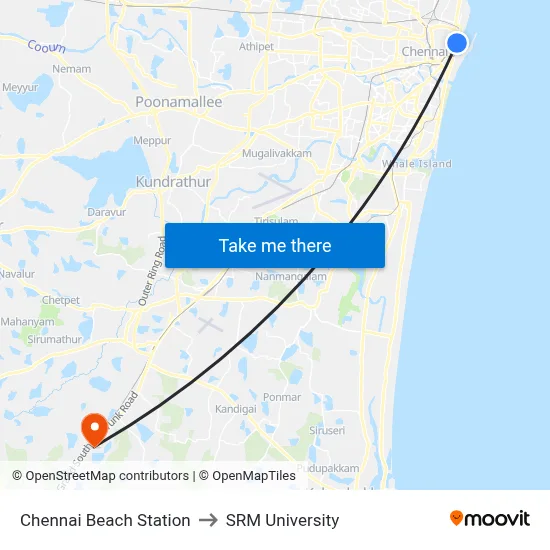 Chennai Beach Station to SRM University map