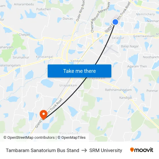 Tambaram Sanatorium Bus Stand to SRM University map