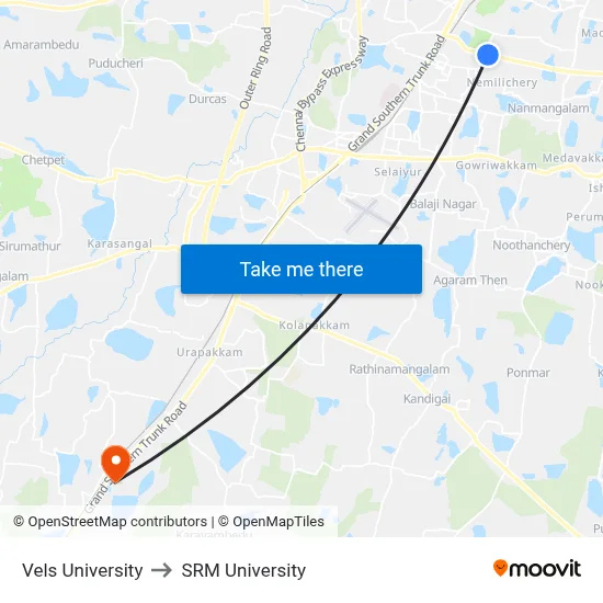 Vels University to SRM University map