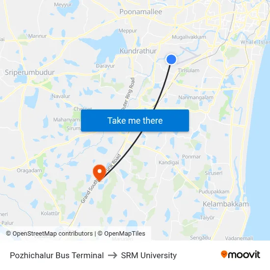 Pozhichalur Bus Terminal to SRM University map