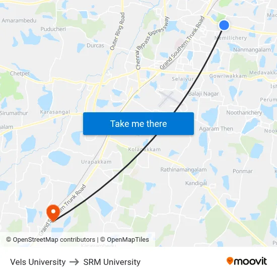 Vels University to SRM University map