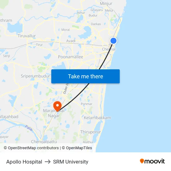 Apollo Hospital to SRM University map