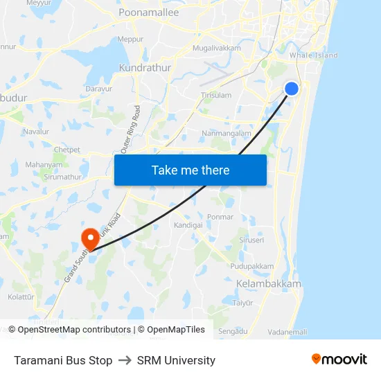 Taramani Bus Stop to SRM University map