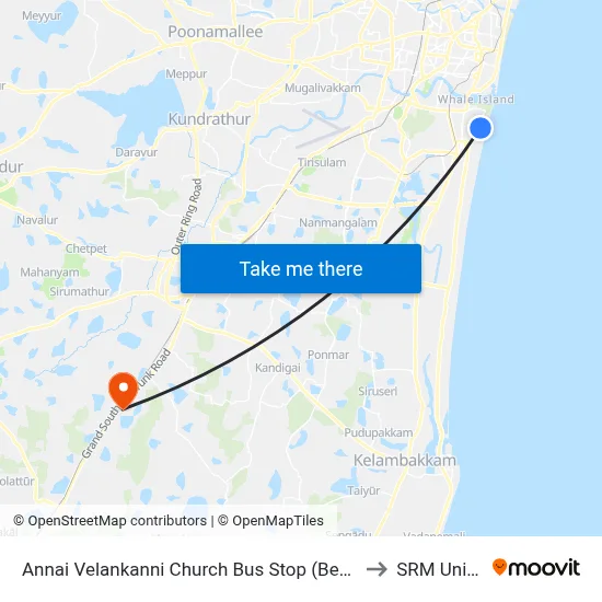 Annai Velankanni Church Bus Stop (Besant Nagar Church) to SRM University map