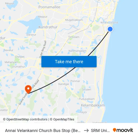 Annai Velankanni Church Bus Stop (Besant Nagar Chruch) to SRM University map