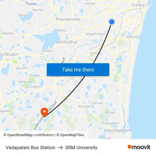 Vadapalani Bus Station to SRM University map