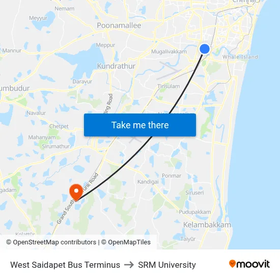West Saidapet Bus Terminus to SRM University map