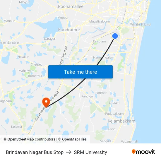 Brindavan Nagar Bus Stop to SRM University map
