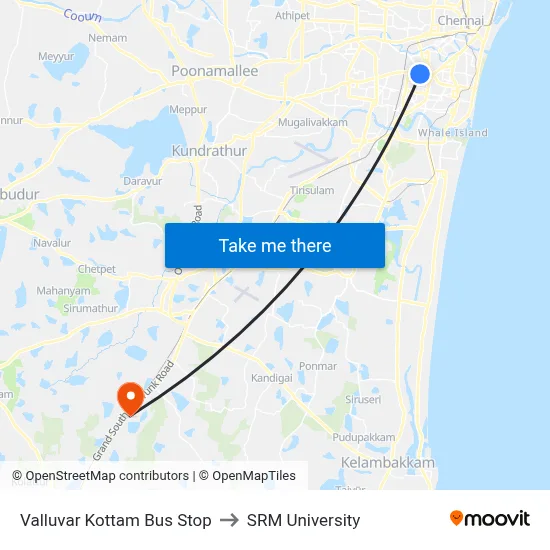 Valluvar Kottam Bus Stop to SRM University map