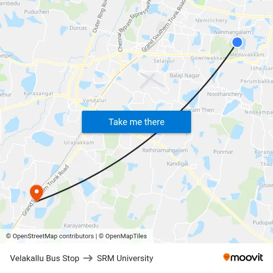 Velakallu Bus Stop to SRM University map
