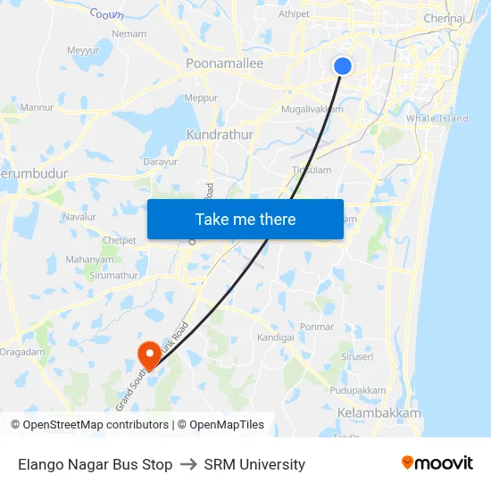 Elango Nagar Bus Stop to SRM University map