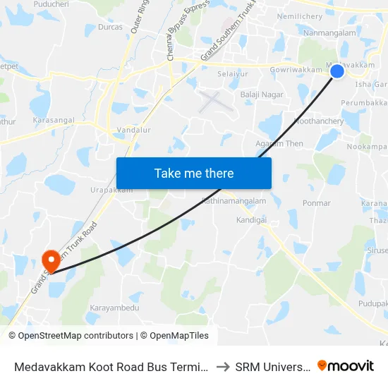 Medavakkam Koot Road Bus Terminus to SRM University map