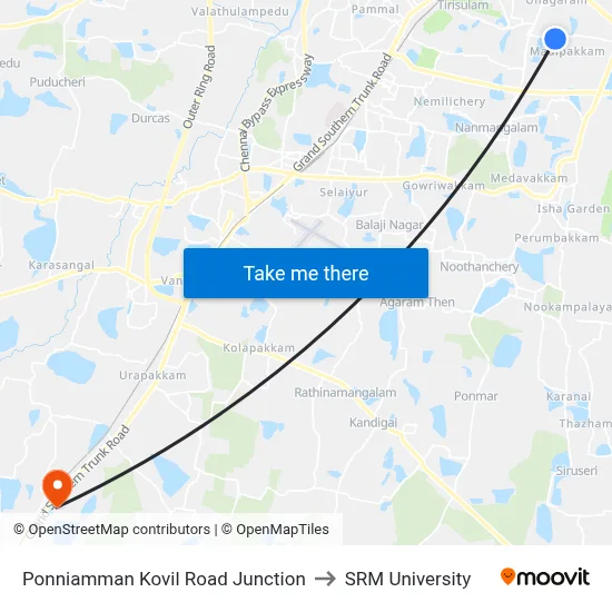 Ponniamman Kovil Road Junction to SRM University map