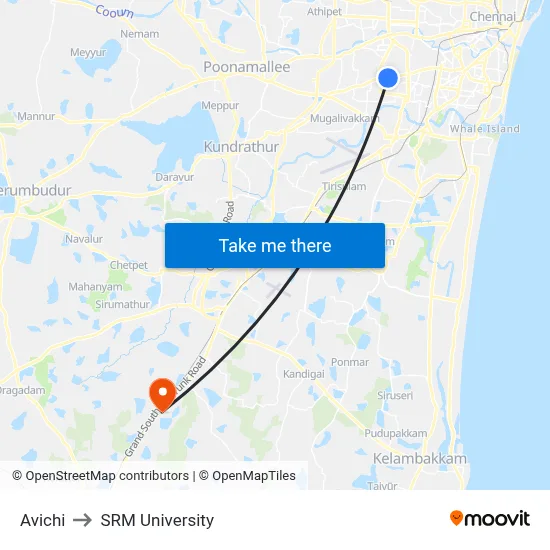 Avichi to SRM University map