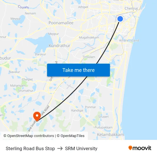Sterling Road Bus Stop to SRM University map