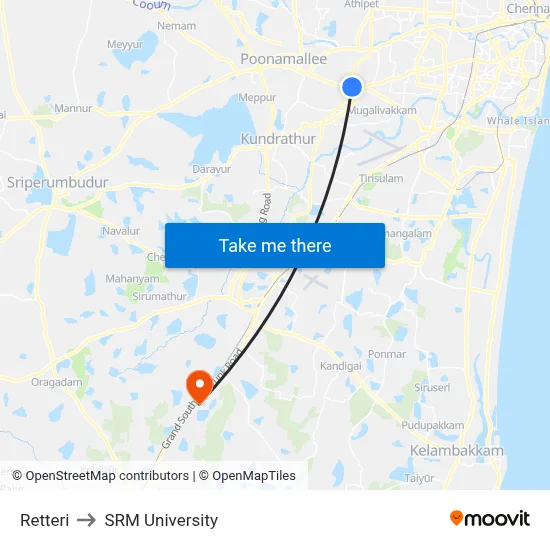 Retteri to SRM University map