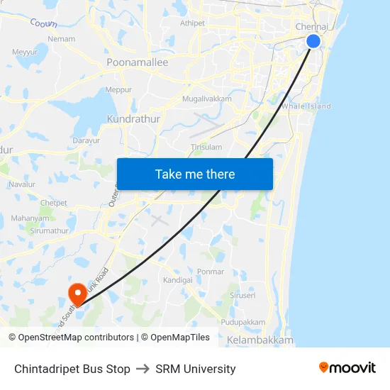 Chintadripet Bus Stop to SRM University map