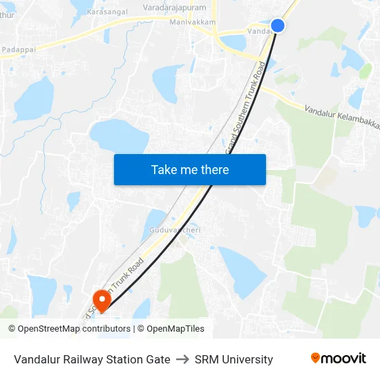 Vandalur Railway Station Gate to SRM University map