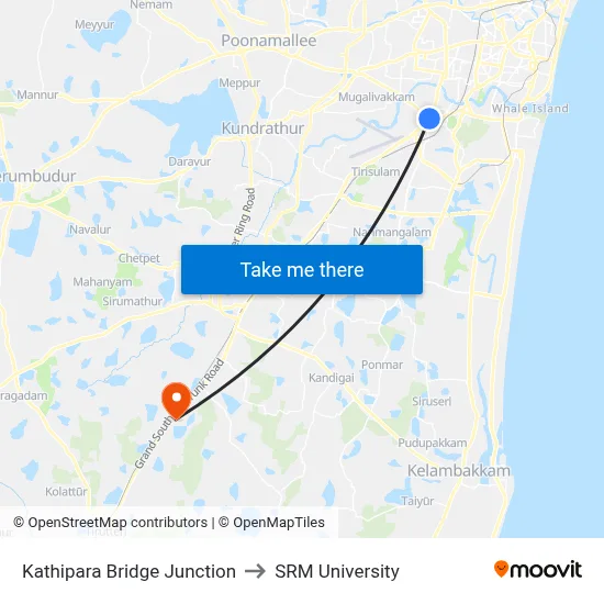 Kathipara Bridge Junction to SRM University map