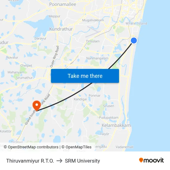 Thiruvanmiyur R.T.O. to SRM University map