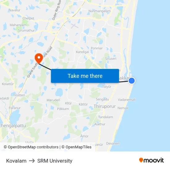 Kovalam to SRM University map