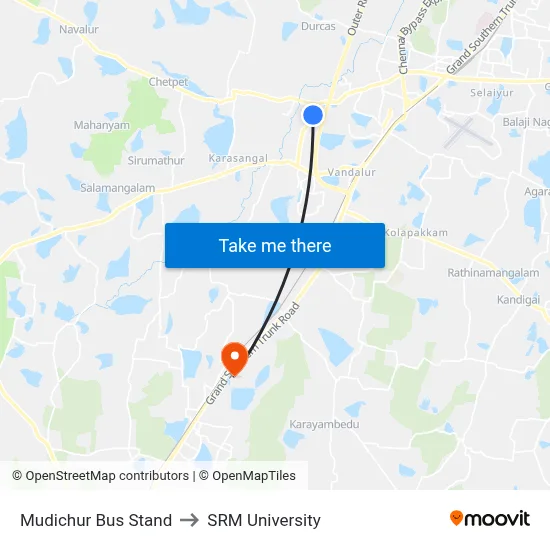 Mudichur Bus Stand to SRM University map