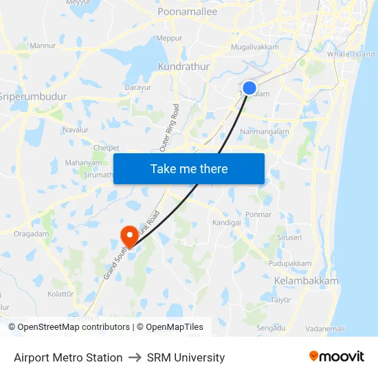 Airport Metro Station to SRM University map