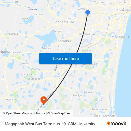 Mogappair West Bus Terminus to SRM University map
