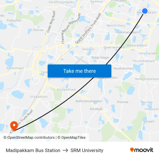 Madipakkam Bus Station to SRM University map