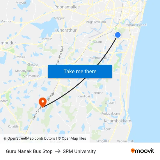 Guru Nanak Bus Stop to SRM University map