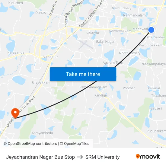 Jeyachandran Nagar Bus Stop to SRM University map