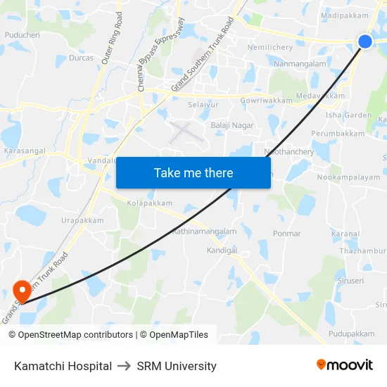 Kamatchi Hospital to SRM University map