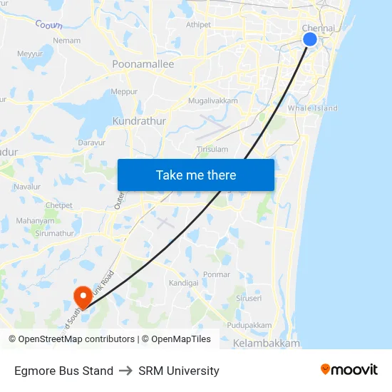 Egmore Bus Stand to SRM University map