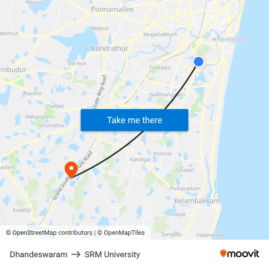 Dhandeswaram to SRM University map