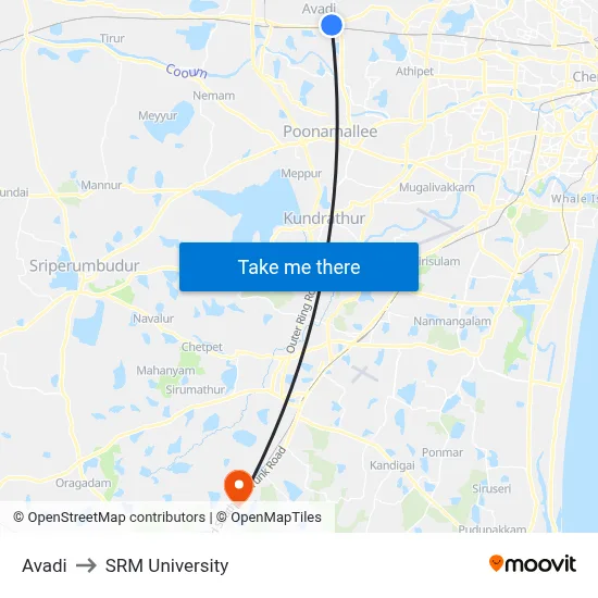 Avadi to SRM University map
