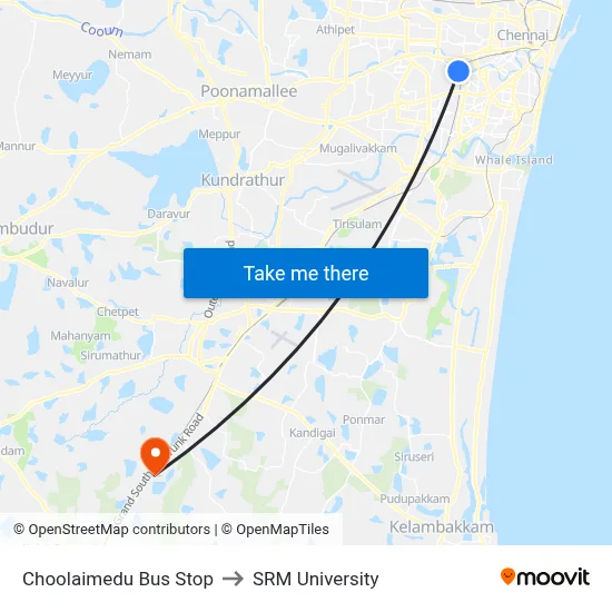 Choolaimedu Bus Stop to SRM University map