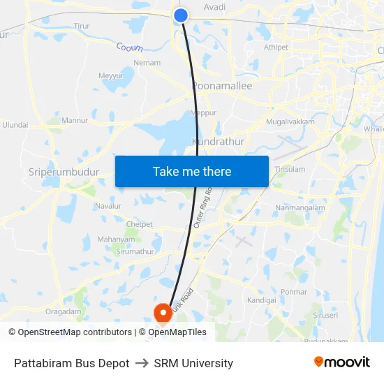 Pattabiram Bus Depot to SRM University map