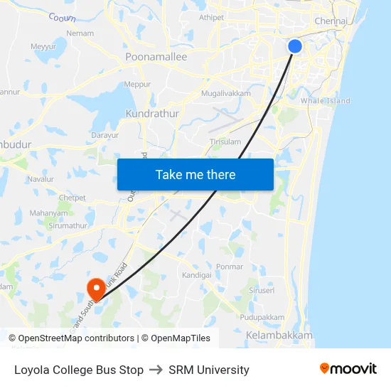 Loyola College Bus Stop to SRM University map
