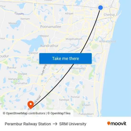 Perambur Railway Station to SRM University map