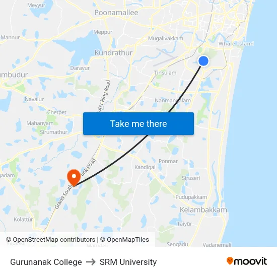 Gurunanak College to SRM University map