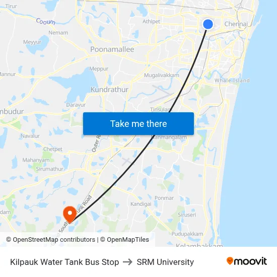 Kilpauk Water Tank Bus Stop to SRM University map