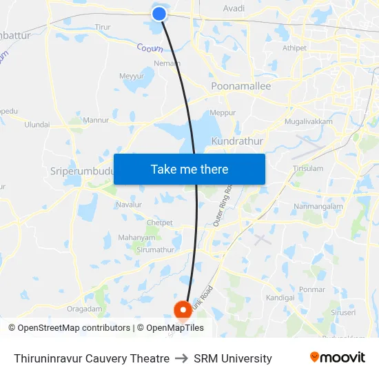 Thiruninravur Cauvery Theatre to SRM University map