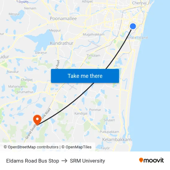 Eldams Road Bus Stop to SRM University map